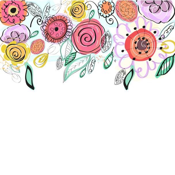  Pastel coloured spring flowers greeting card. Decorative colorful floral background. Hand drawn flowers vector illustration - Vecteur, image