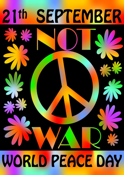 Παγκόσμια ημέρα ειρήνης, 21η Σεπτεμβρίου, πολύχρωμο ουράνιο τόξο flyer πρότυπο, αφίσα με λουλούδια και ρετρό μοτίβο αντιπολεμικό κίνημα των hippies - Διάνυσμα, εικόνα