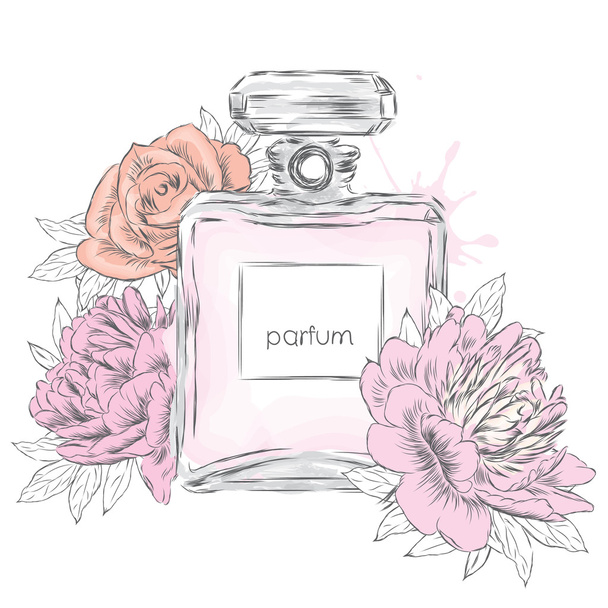 Perfume bottle and flowers. Vector . - ベクター画像