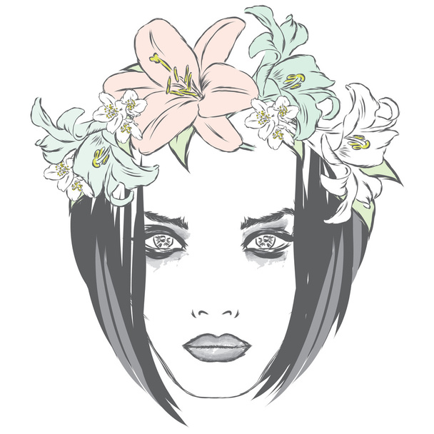 Beautiful girl wearing a wreath of roses. Vector illustration for greeting cards, posters or clothing. - Vektor, obrázek