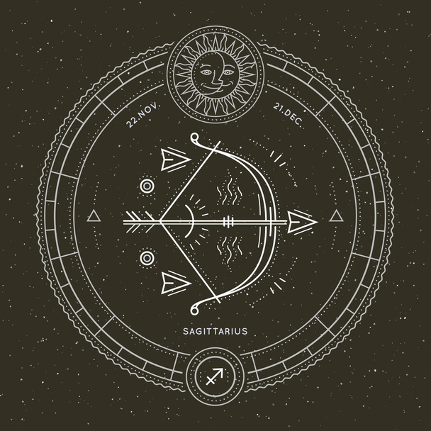 Vintage thin line Sagittarius zodiac sign label. Retro vector astrological symbol, mystic, sacred geometry element, emblem, logo. Stroke outline illustration. - Wektor, obraz