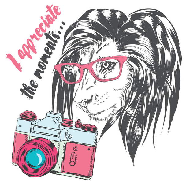 A beautiful lion with a camera. King of beasts. Vector illustration for greeting card, poster, or print on clothes. - Vektor, Bild