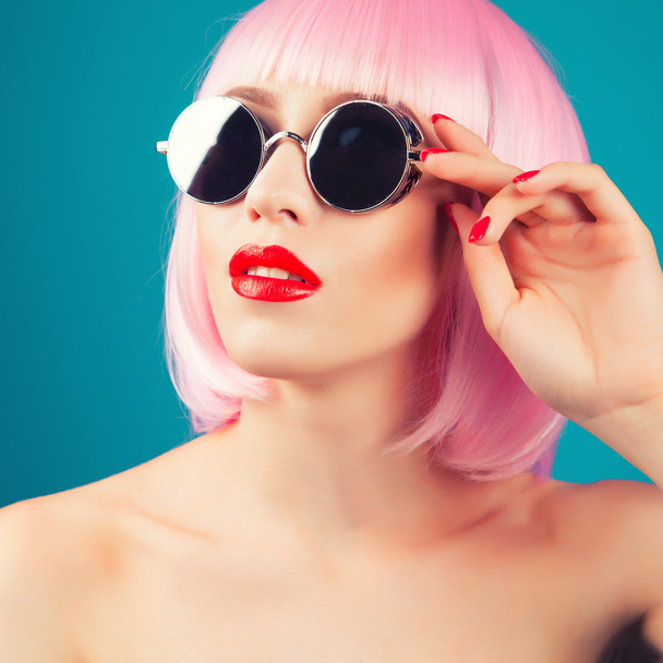 beautiful woman wearing wig and  sunglasses - Photo, Image