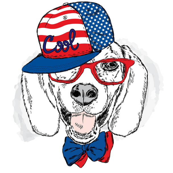 Legrační pes, který nosí čepici a brýle. Vektorová ilustrace karty nebo plakátu. Tiskne na prádlo nebo na příslušenství. Chladný pes . - Vektor, obrázek
