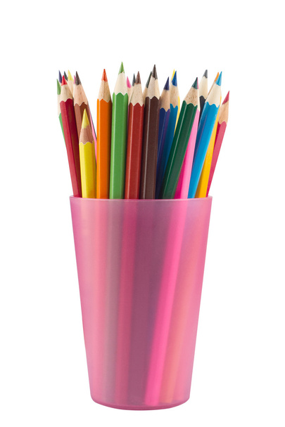 Muchos lápices de colores en taza rosa
 - Foto, Imagen
