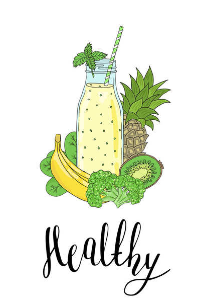 Bottle smoothies with fruits, vegetables and the phrase a Healthy. Detox,  eating. - Vektör, Görsel