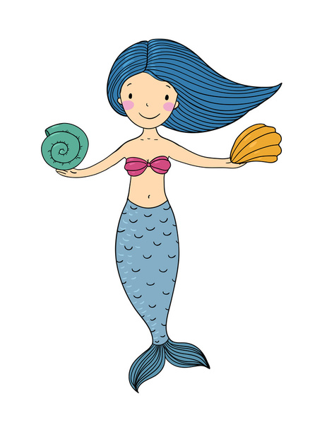 Beautiful little mermaid with shells. - Vektor, obrázek