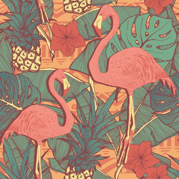 Patrón sin costuras con aves flamencas y piñas
 - Vector, imagen