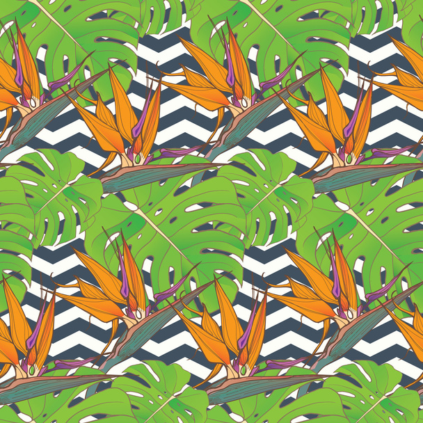 Безшовний фон з пальмовим листям і тропічними квітами
 - Вектор, зображення