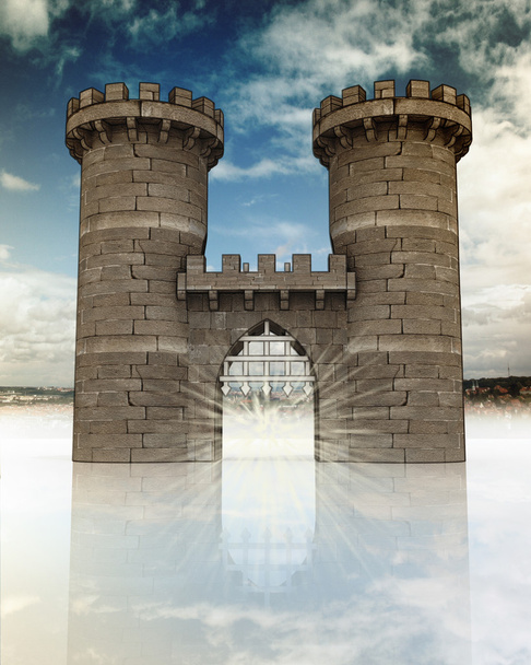 Puerta medieval con celosía abierta y torres de guardia en el paisaje de la ciudad
 - Foto, Imagen