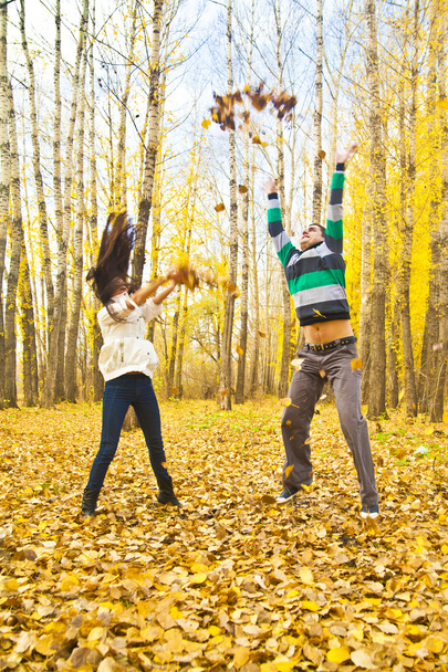 Young adult  happy couple throwing up autumn leaves in the air  - Foto, Imagem