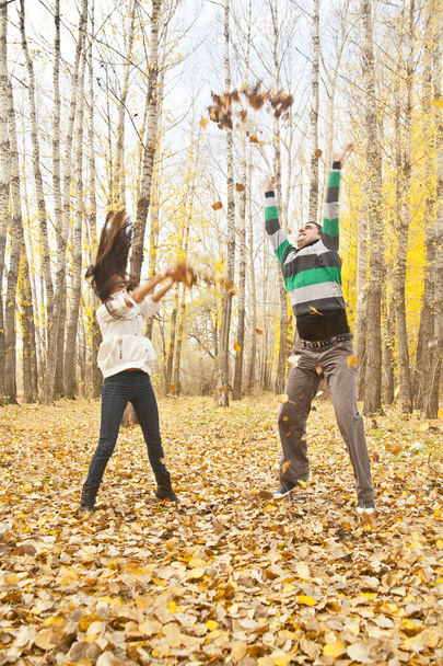 Portrait of Young adult latin hispanic happy couple throwing autumn leaves in the air  - Fotoğraf, Görsel