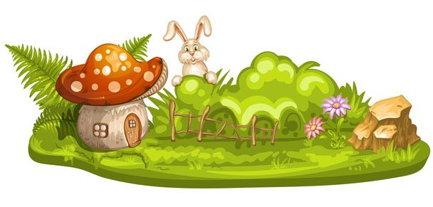 Green glade with house for gnome made from mushroom - Вектор, зображення
