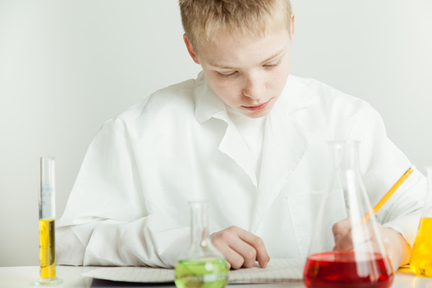 Niño trabajando en un laboratorio de química
 - Foto, imagen