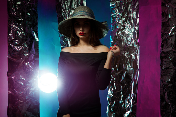 Stylish young woman in hat with wide brim - Foto, immagini