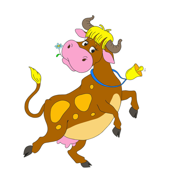 Personajes de dibujos animados bailando vaca. Una vaca graciosa con una campana. Vector aislado
 - Vector, Imagen