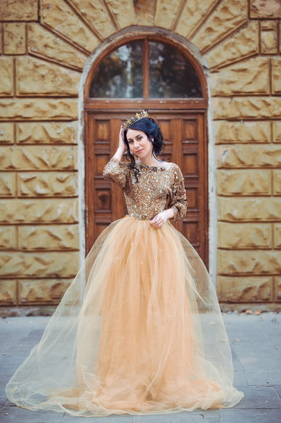 Beautiful girl in a luxurious dress walks in autumn park  - Фото, зображення