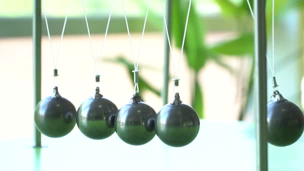 スローモーション。ニュートンの揺りかご: 金属球を揺動振子 - 映像、動画