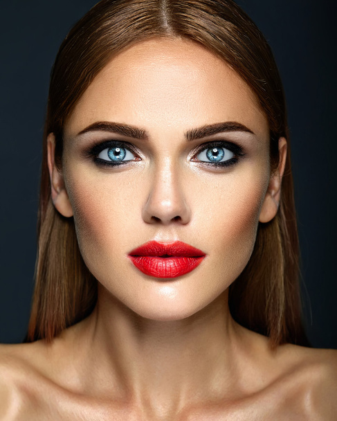 sensual glamour portrait of beautiful woman model lady with fresh daily makeup with red lips color and clean healthy skin face - Photo, Image