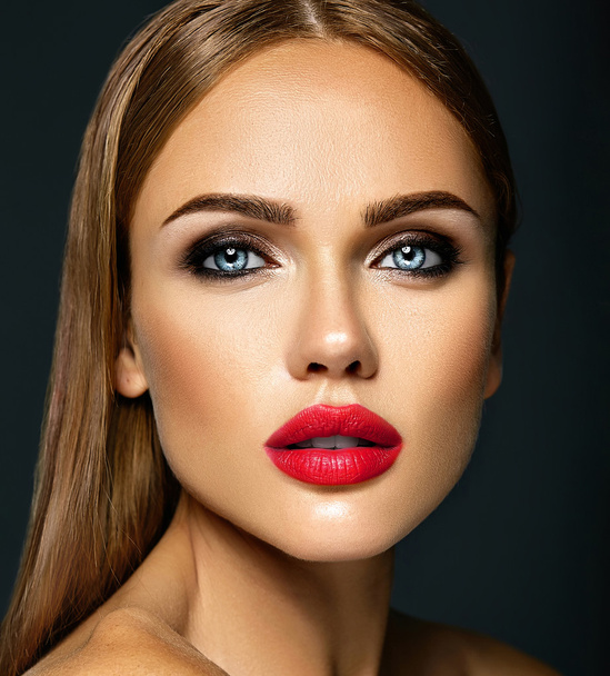 sensual glamour portrait of beautiful woman model lady with fresh daily makeup with red lips color and clean healthy skin face - Фото, изображение