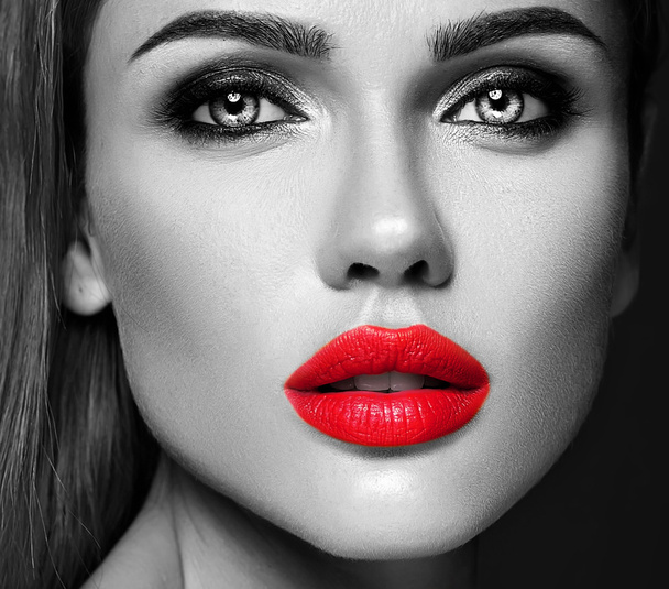 black and white photo of sensual glamour portrait of beautiful woman model lady with fresh daily makeup with red lips color and clean healthy skin face - Photo, Image