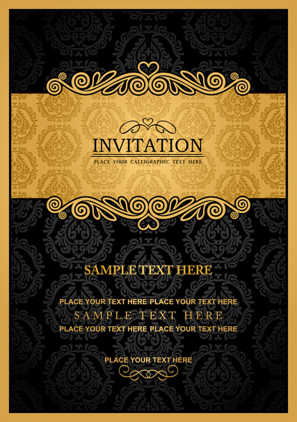 Abstract background with antique, vintage frame and banner, black damask wallpaper with ornamental, gold invitation card, baroque style label, fashion pattern, graphic ornament for decoration, design - Vector, Image