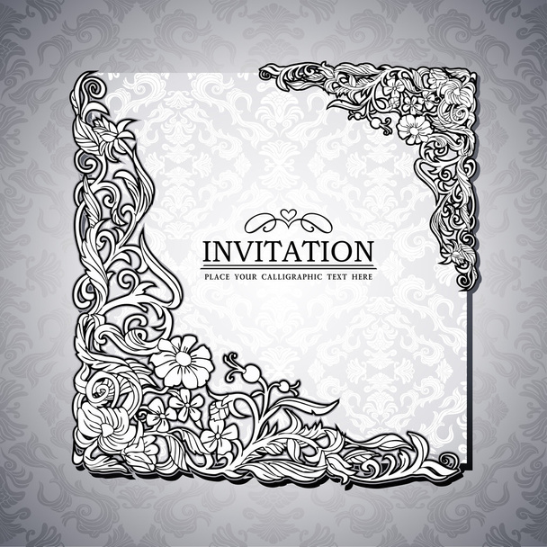 Abstract background with antique, luxury black and white vintage rich frame, banner, damask floral ornaments, invitation card, baroque style booklet, fashion pattern, paper page template for design - Vector, Image