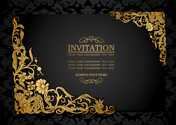 Abstract background with antique, luxury black and gold vintage frame, victorian banner, damask floral wallpaper ornaments, invitation card, baroque style booklet, fashion pattern, template for design - Vector, Image