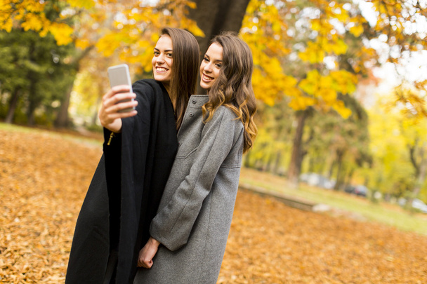 Young women in the autumn forest - 写真・画像