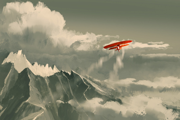図、山を越えて飛ぶ複葉機 - 写真・画像