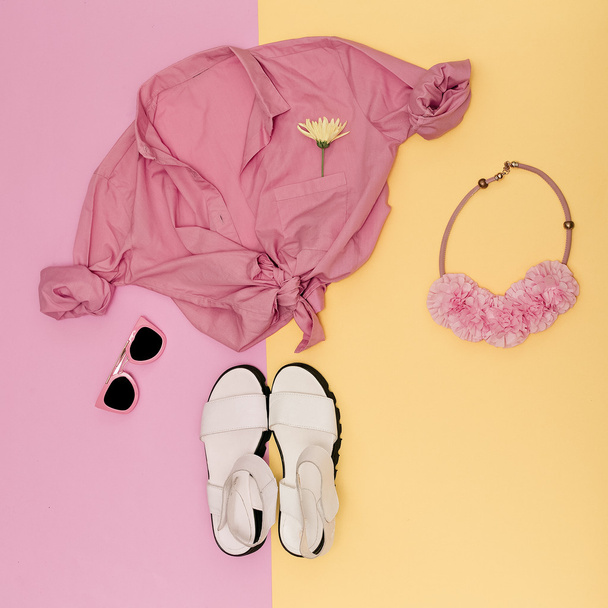 Fresh Summer Look. Pastel colors. Shirt, sandals and accessories - Фото, изображение