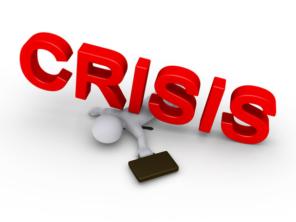 zakenman verpletterd door crisis woord - Foto, afbeelding