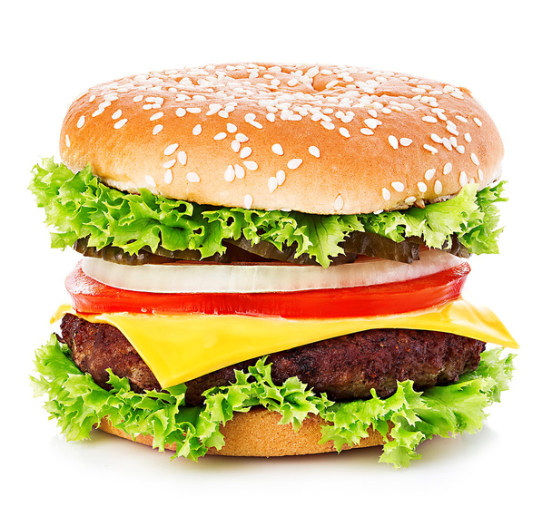 Gran hamburguesa real apetitoso, hamburguesa, hamburguesa con queso primer plano aislado sobre un fondo blanco
. - Foto, Imagen