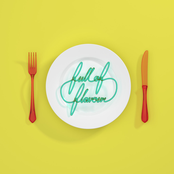 Full of Flavour Quote Typographical Background. minimal illustration with fork and knife 3D rendering - Photo, Image