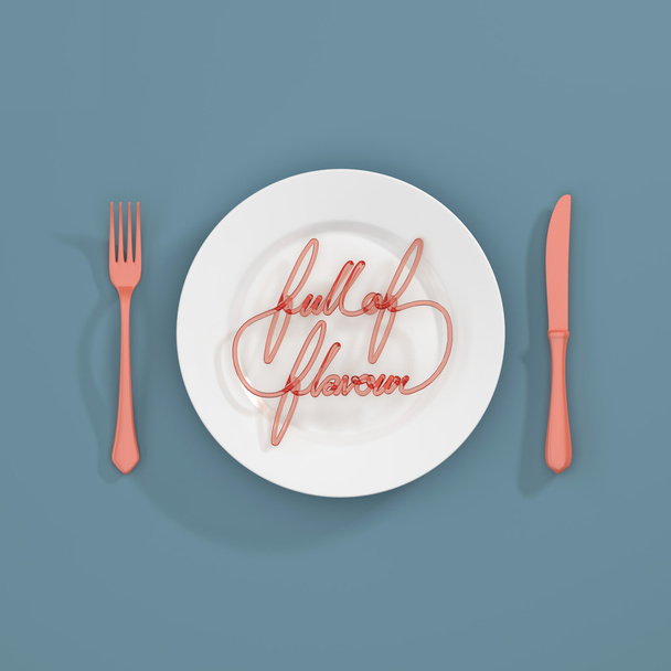 Full of Flavour Quote Typographical Background. minimal illustration with fork and knife 3D rendering - Valokuva, kuva