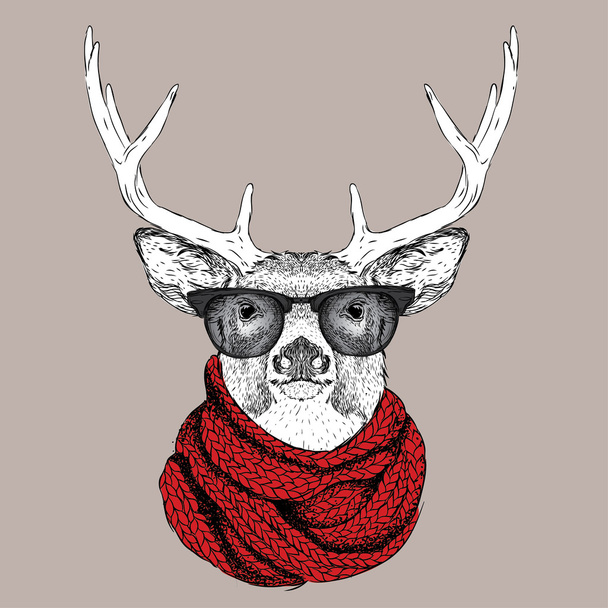 Portrait of deer in a winter scarf. Vector - Vector, Image