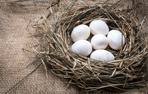 Белые куриные яйца в соломенном гнезде
 - Фото, изображение