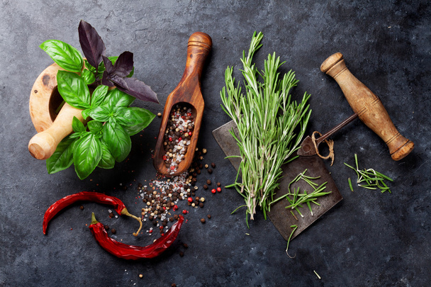 Herbs and spices on table - Photo, Image