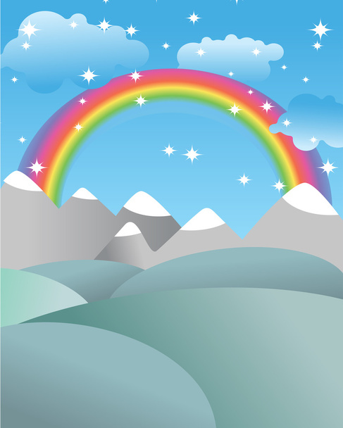 Paisaje mgic con arco iris. Campos y prados. Montañas y r
 - Vector, Imagen