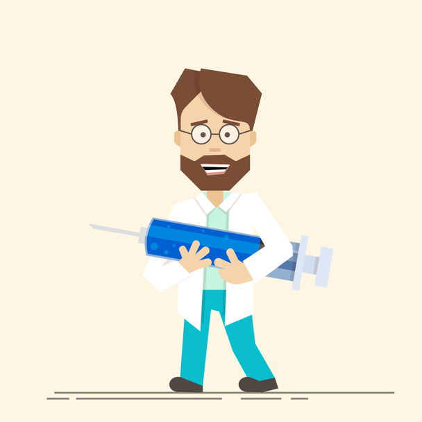 Smiling doctor with big syringe in his hands. Medical workers are ready to make a vaccine. A man in a smock and wearing glasses. Vector cartoon style flat. - Vektor, obrázek