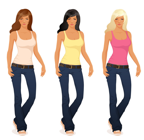 chica guapa en flare jeans y camiseta sin mangas en tres variaciones de color - Vector, Imagen