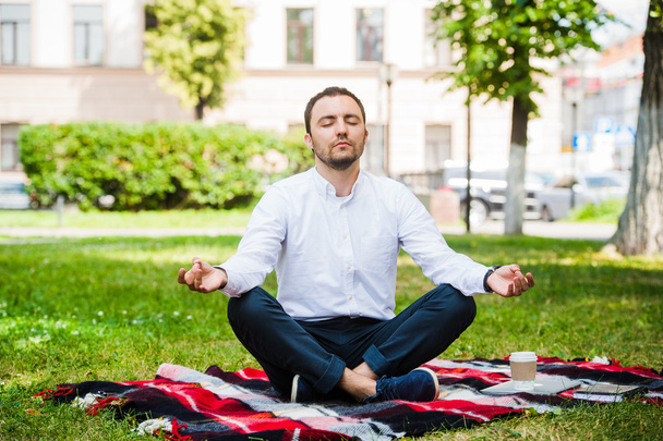 Business man relaxing in a park in the lotus position - Photo, Image