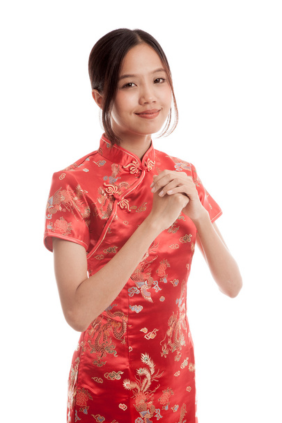 Asian girl in chinese cheongsam dress with gesture of congratula - Zdjęcie, obraz