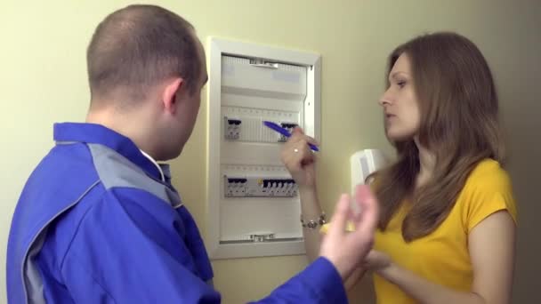 mari homme expliquer sa femme femme comment utiliser la boîte de disjoncteur à la maison
 - Séquence, vidéo
