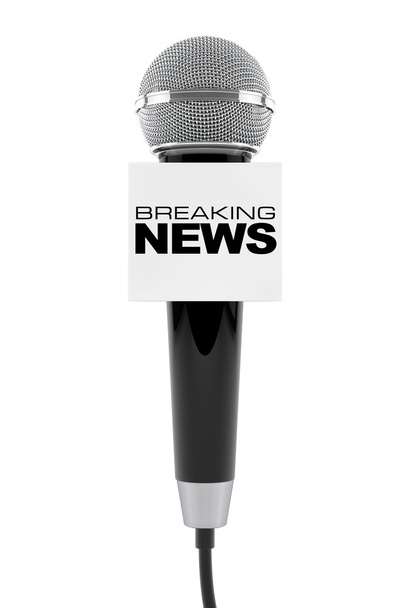 Microphone with Breaking News Box Sign. 3d Rendering - Photo, Image