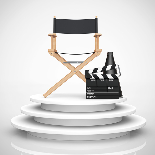 Καρέκλα σκηνοθέτη, Clapper ταινία και τηλεβόα πάνω από το στρογγυλό στάδιο. 3D - Φωτογραφία, εικόνα