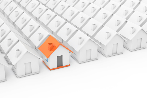 Έννοια βιομηχανία ακίνητων περιουσιών ιδιοκτησίας. Πορτοκαλί σπίτι στο μεταξύ των οποί - Φωτογραφία, εικόνα