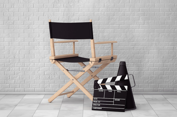 Yönetmen koltuğu, film Clapper ve megafon. 3D render - Fotoğraf, Görsel