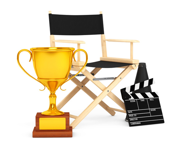 Director Chair, Movie Clapper and Megaphone with Golden Trophy.  - Photo, Image