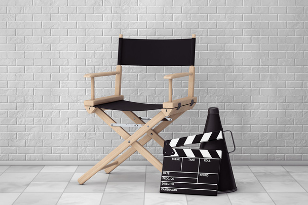 監督椅子、映画クラッパー、メガホン。3 d レンダリング - 写真・画像